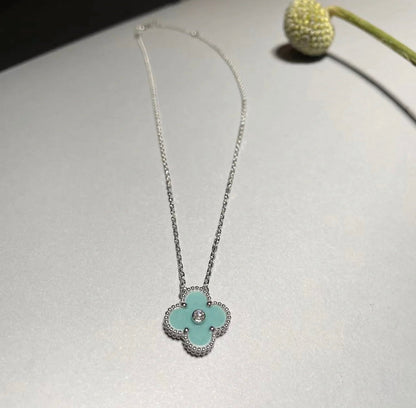 [Marins]CLOVER 1 DIAMOND LIGHT BLUE SILVER NECKLACE