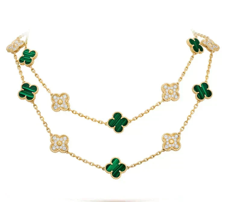 [Marins]CLOVER 20 MOTIFS MALACHITE DIAMOND NECKLACE