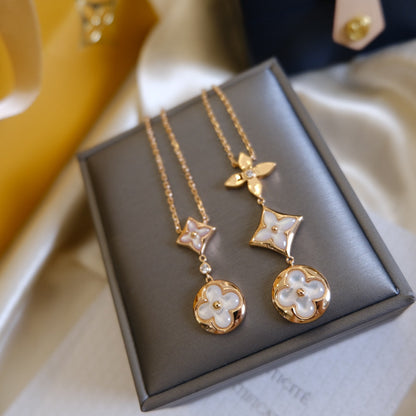 [Marins]COLOR BLOSSOM LARIAT NECKLACE PINK GOLD WHITE MOTHER PEARL AND DIAMOND