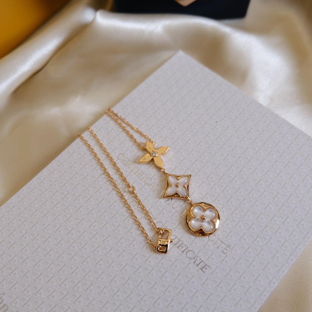 [Marins]COLOR BLOSSOM LARIAT NECKLACE PINK GOLD WHITE MOTHER PEARL AND DIAMOND