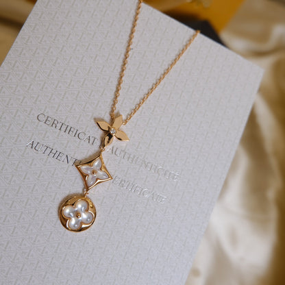 [Marins]COLOR BLOSSOM LARIAT NECKLACE PINK GOLD WHITE MOTHER PEARL AND DIAMOND