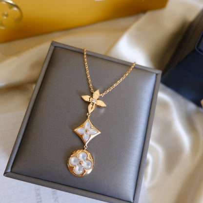 [Marin-Jewelry]COLOR BLOSSOM LARIAT NECKLACE PINK GOLD WHITE MOTHER PEARL AND DIAMOND