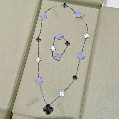[Marins]DETACHABLE CLOVER 15(11+4) FLOWER SILVER NECKLACE SET