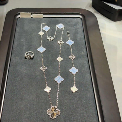 [Marins]DETACHABLE CLOVER 15(11+4) FLOWER SILVER NECKLACE SET