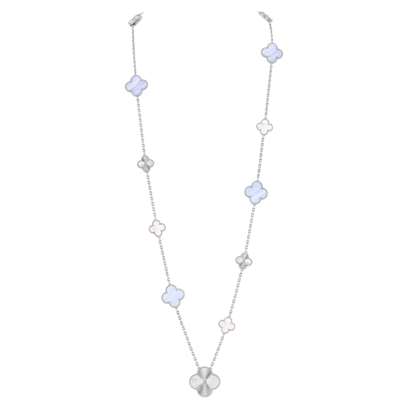 [Marins]DETACHABLE CLOVER 15(11+4) FLOWER SILVER NECKLACE SET