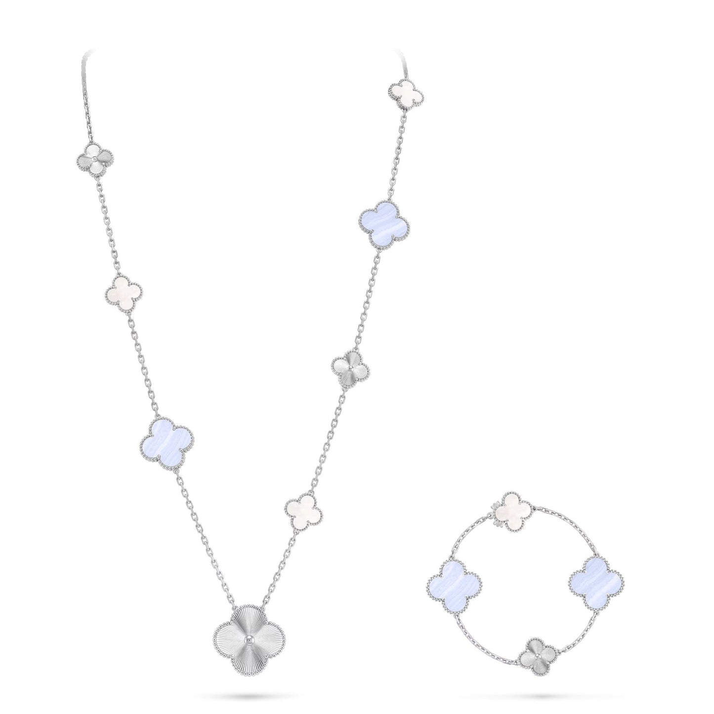[Marins]DETACHABLE CLOVER 15(11+4) FLOWER SILVER NECKLACE SET