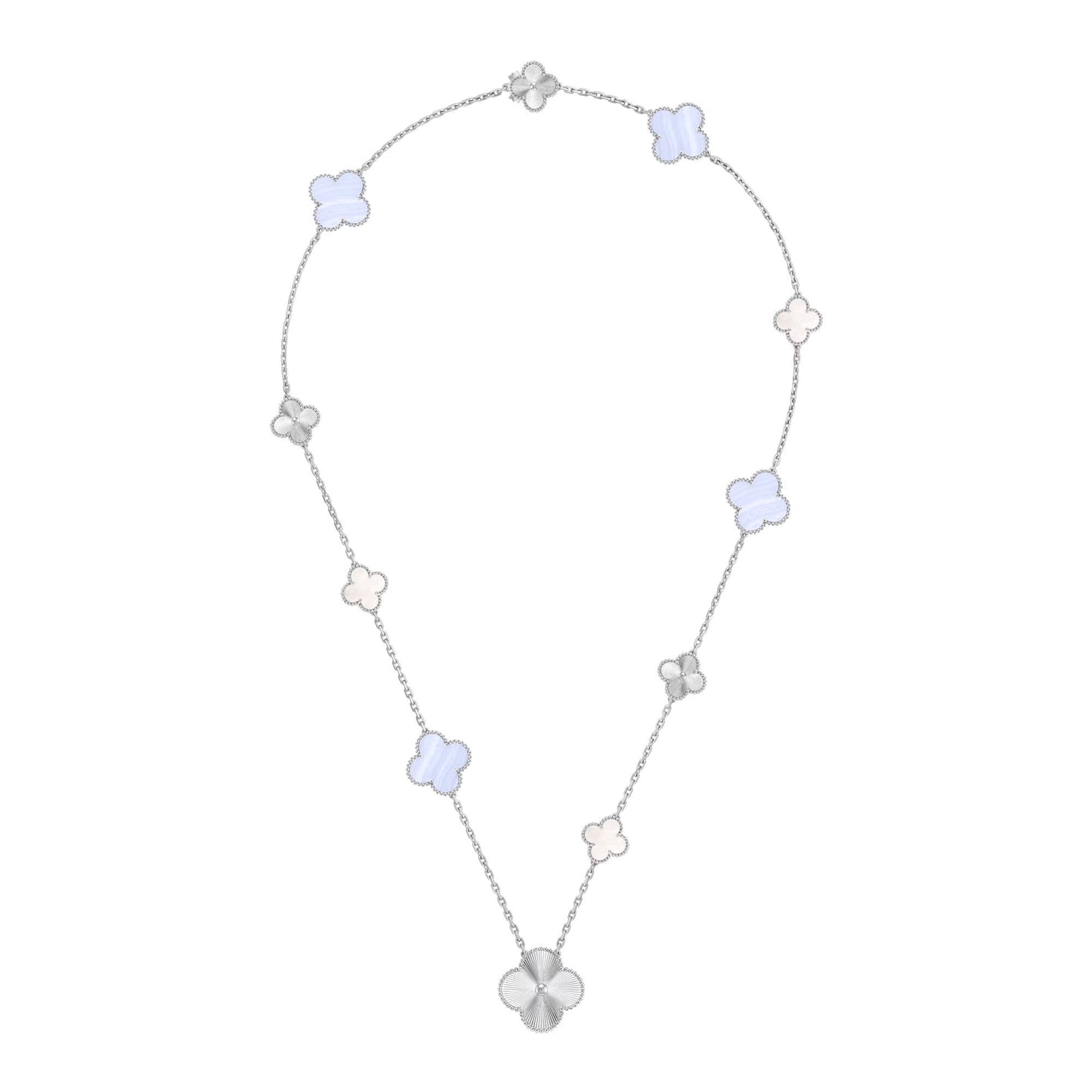 [Marins]DETACHABLE CLOVER 15(11+4) FLOWER SILVER NECKLACE SET