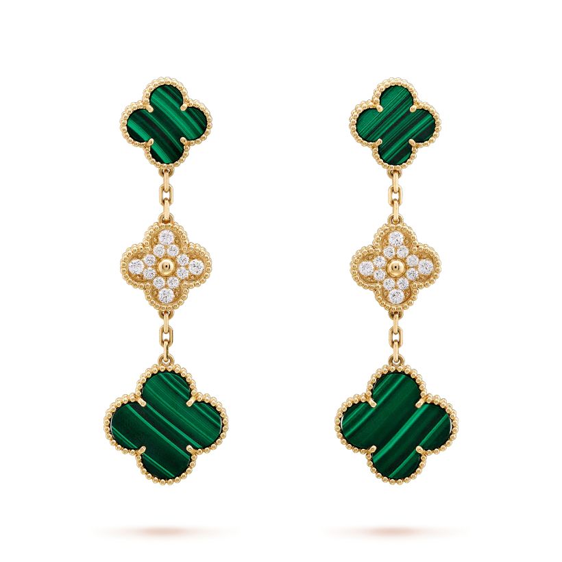 [Marins]CLOVER EARRINGS GOLD MALACHITE DIAMOND 3 MOTIF