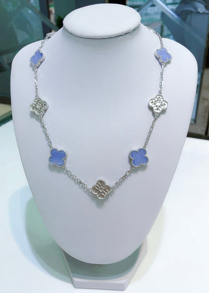 [Marins]CLOVER 10 MOTIFS CHALCEDONY DIAMONDS SILVER NECKLACE
