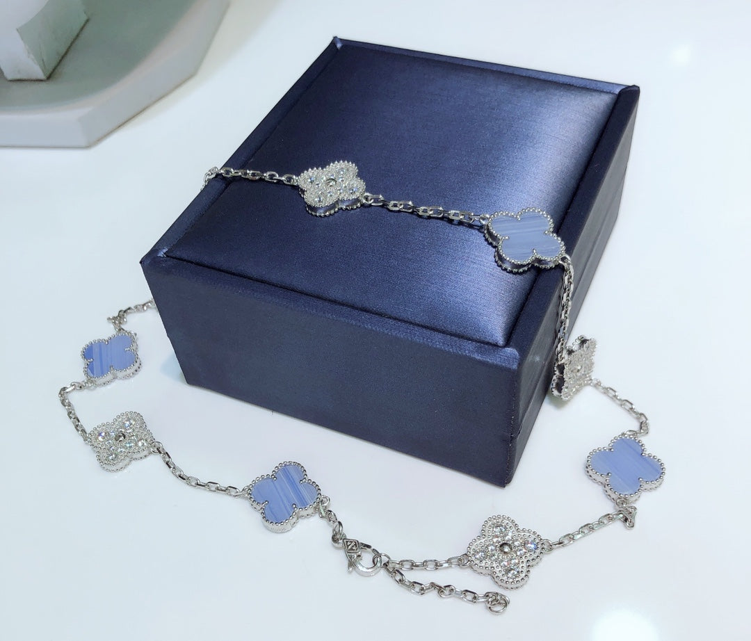 [Marins]CLOVER 10 MOTIFS CHALCEDONY DIAMONDS SILVER NECKLACE