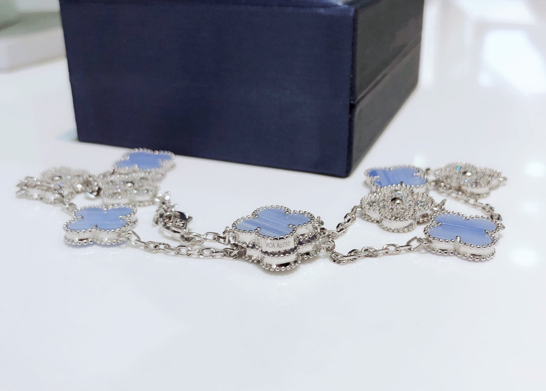 [Marins]CLOVER 10 MOTIFS CHALCEDONY DIAMONDS SILVER NECKLACE