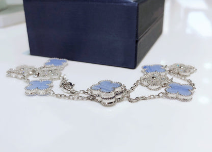 [Marins]CLOVER 10 MOTIFS CHALCEDONY DIAMONDS SILVER NECKLACE