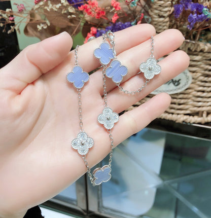 [Marins]CLOVER 10 MOTIFS CHALCEDONY DIAMONDS SILVER NECKLACE