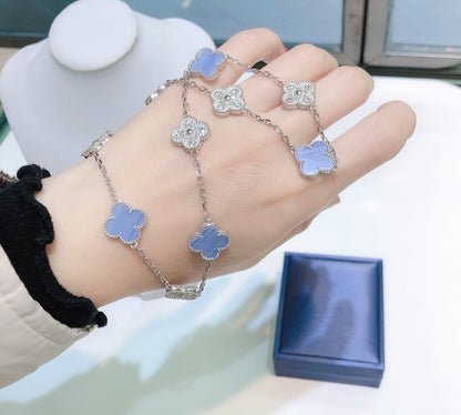 [Marins]CLOVER 10 MOTIFS CHALCEDONY DIAMONDS SILVER NECKLACE