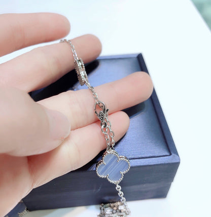 [Marins]CLOVER 10 MOTIFS CHALCEDONY DIAMONDS SILVER NECKLACE
