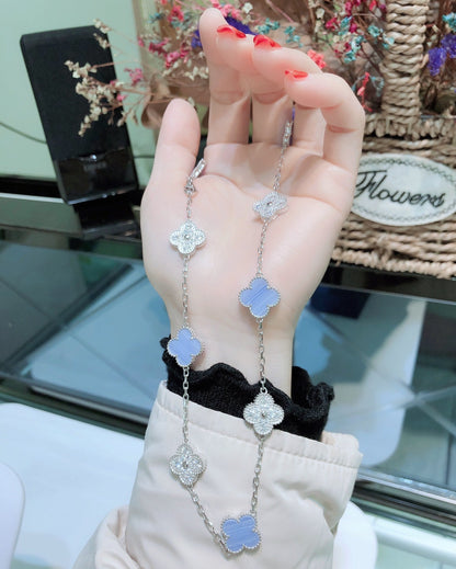 [Marins]CLOVER 10 MOTIFS CHALCEDONY DIAMONDS SILVER NECKLACE
